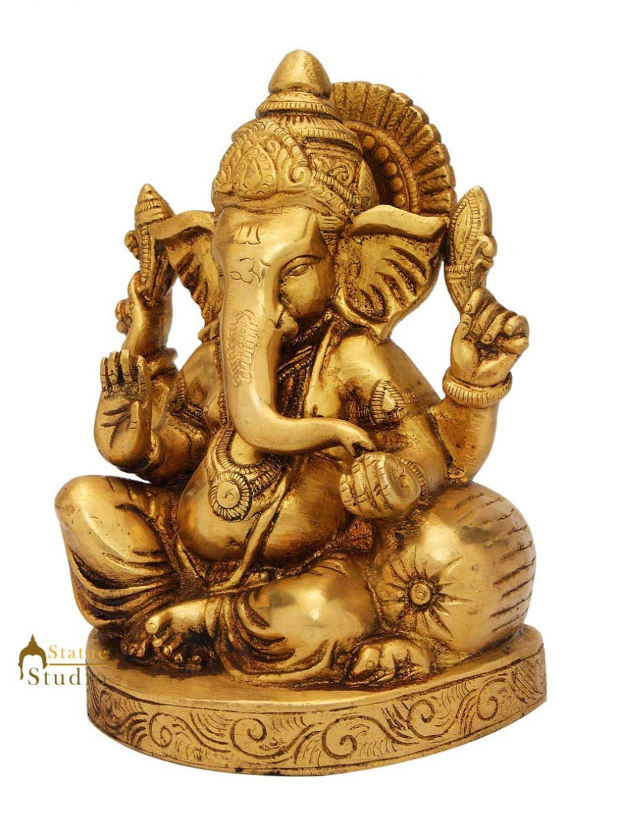Brass sitting ganesha statue india hindu gods hand made figure sculpture 7" - Image 3