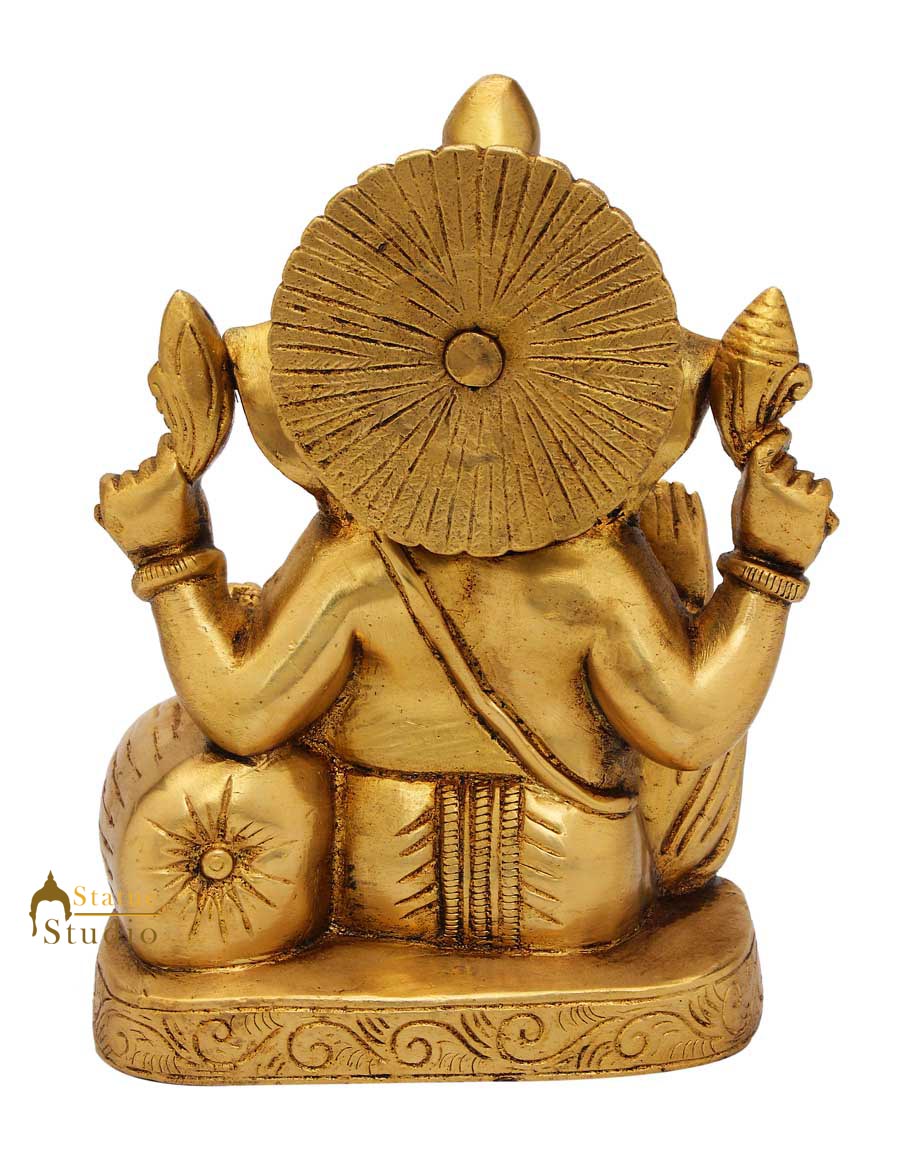 Brass sitting ganesha statue india hindu gods hand made figure sculpture 7"