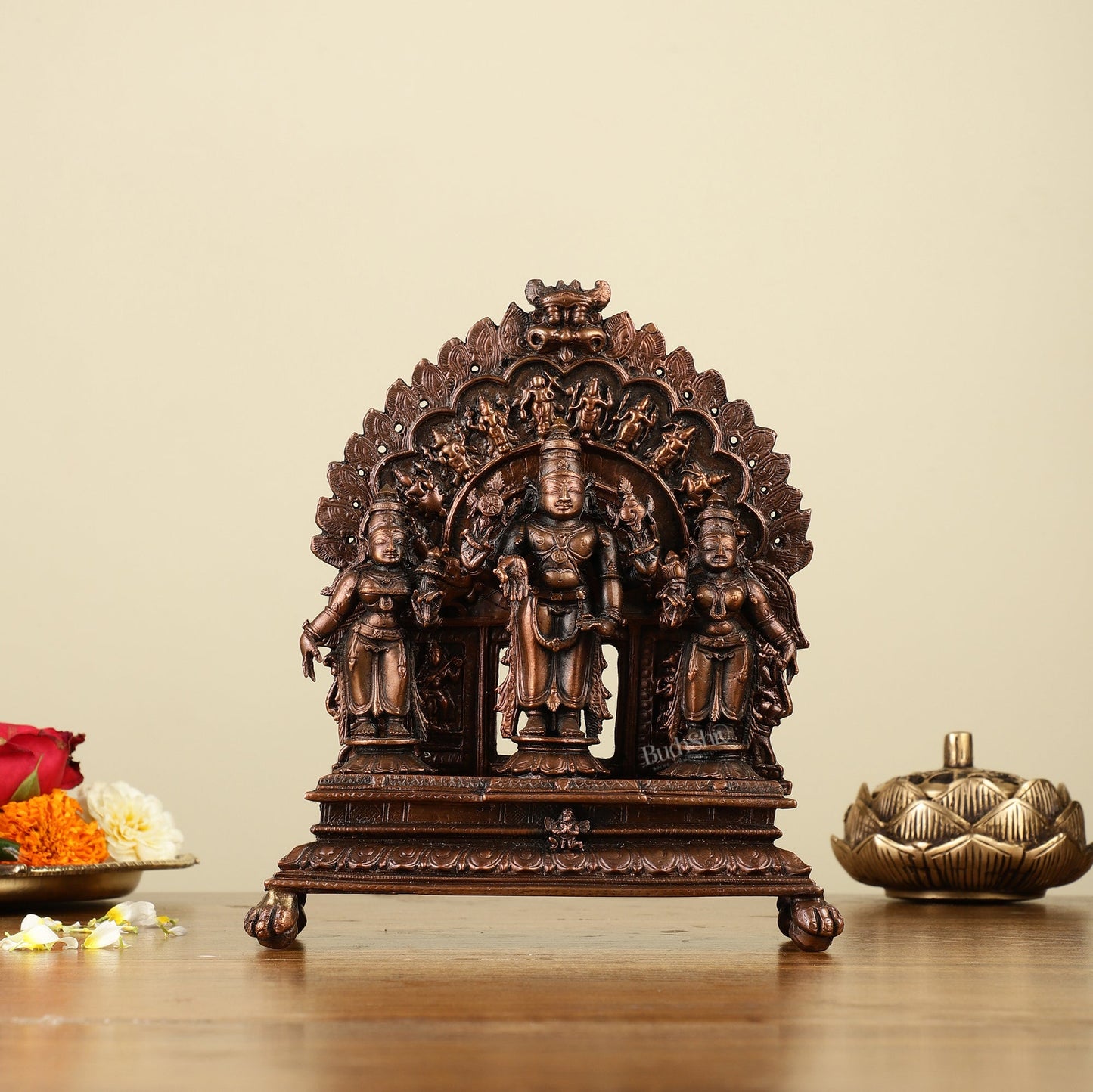 7" Pure Copper Tirupati Balaji with Bhudevi and Sridevi Dashavatar Arch Statue | 100% Certified Copper & Brass - Sama Homes Idol - Brass Sculpture