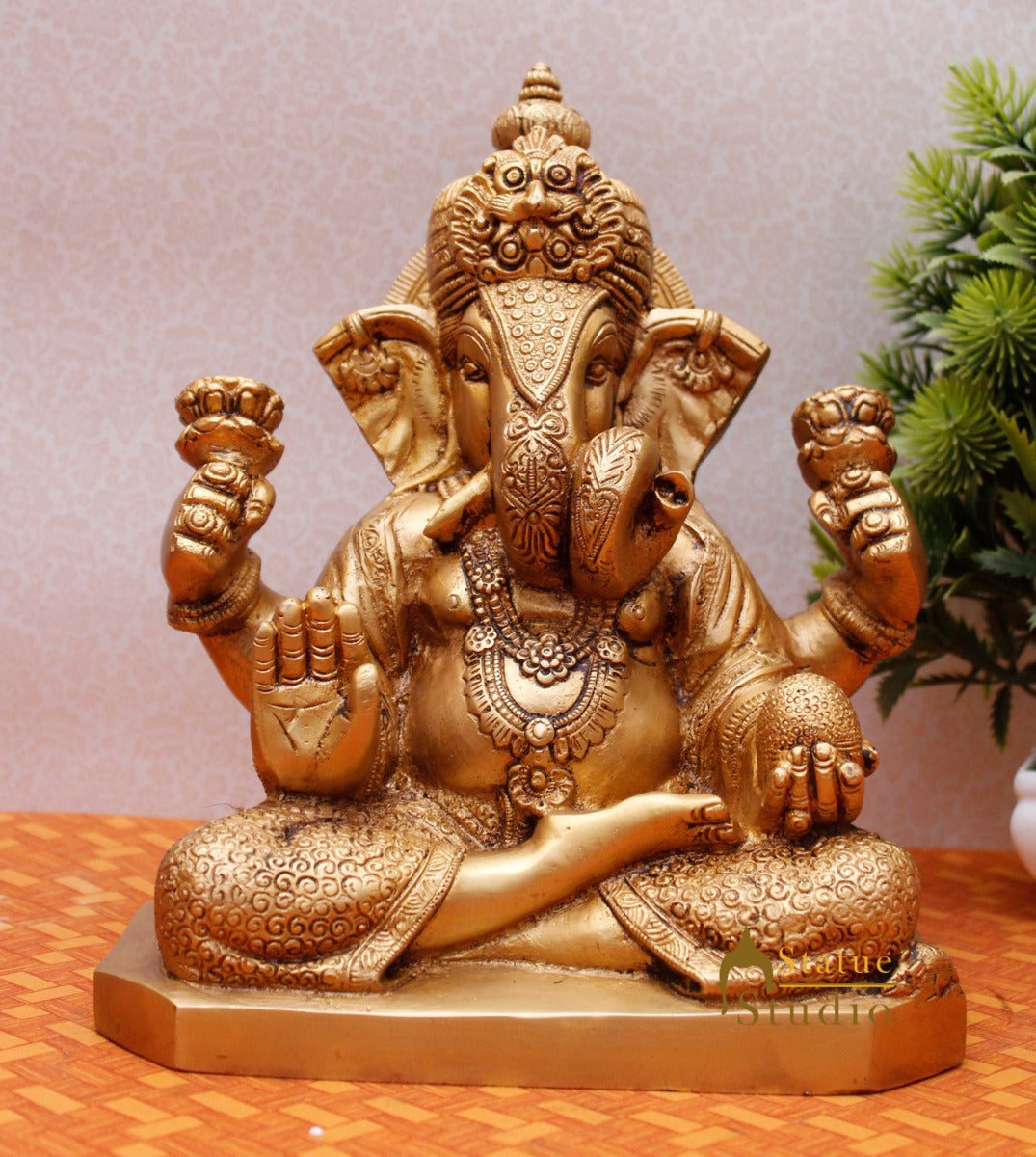 Brass lord elephant ganesha twisted trunk success and fame religious décor 9" - Image 2
