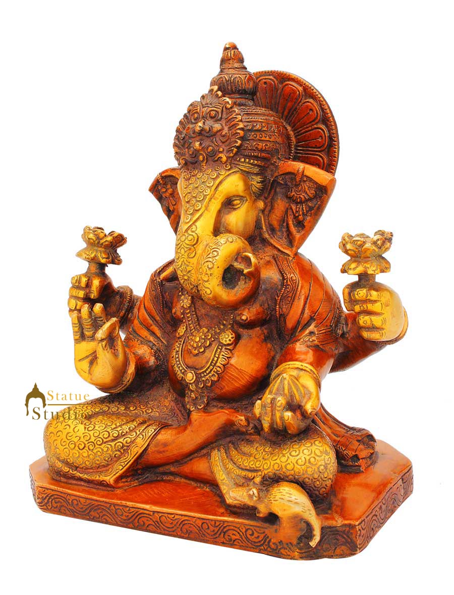 Brass elephant lord hindu god ganesha twisted trunk success religious décor 9" - Image 3