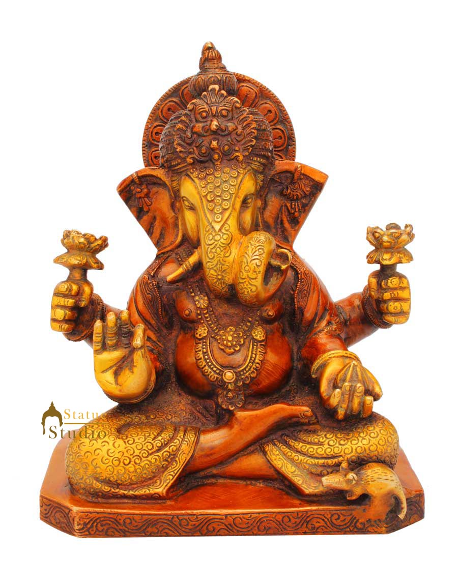 Brass elephant lord hindu god ganesha twisted trunk success religious décor 9" - Image 2