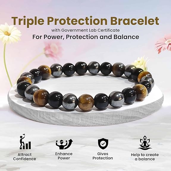 Triple Protection Bracelet Hematite Black Tiger's Eye Stone Bracelet