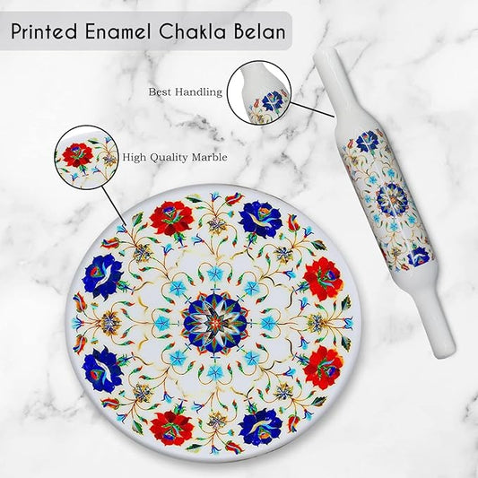 Handcrafted White Marble Roti Maker with Wooden Belan Enamel Prints | Indian Chakla Belan 10 Inch with Diameter