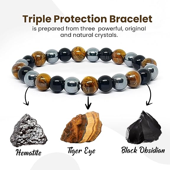 Triple Protection Bracelet Hematite Black Tiger's Eye Stone Bracelet