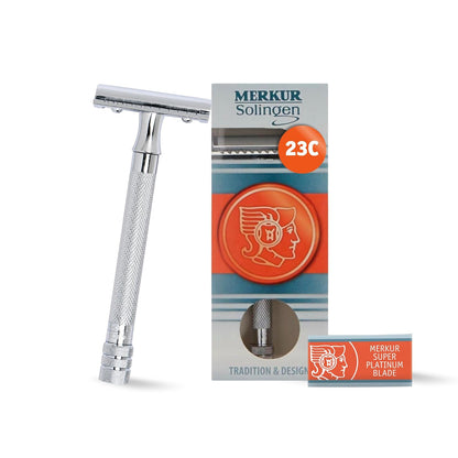 Merkur 23C 3-Piece DE Safety Razor, Closed Comb, Knurled Extra Long Handle, Chrome by Merkur - Double Edge Safety Razors