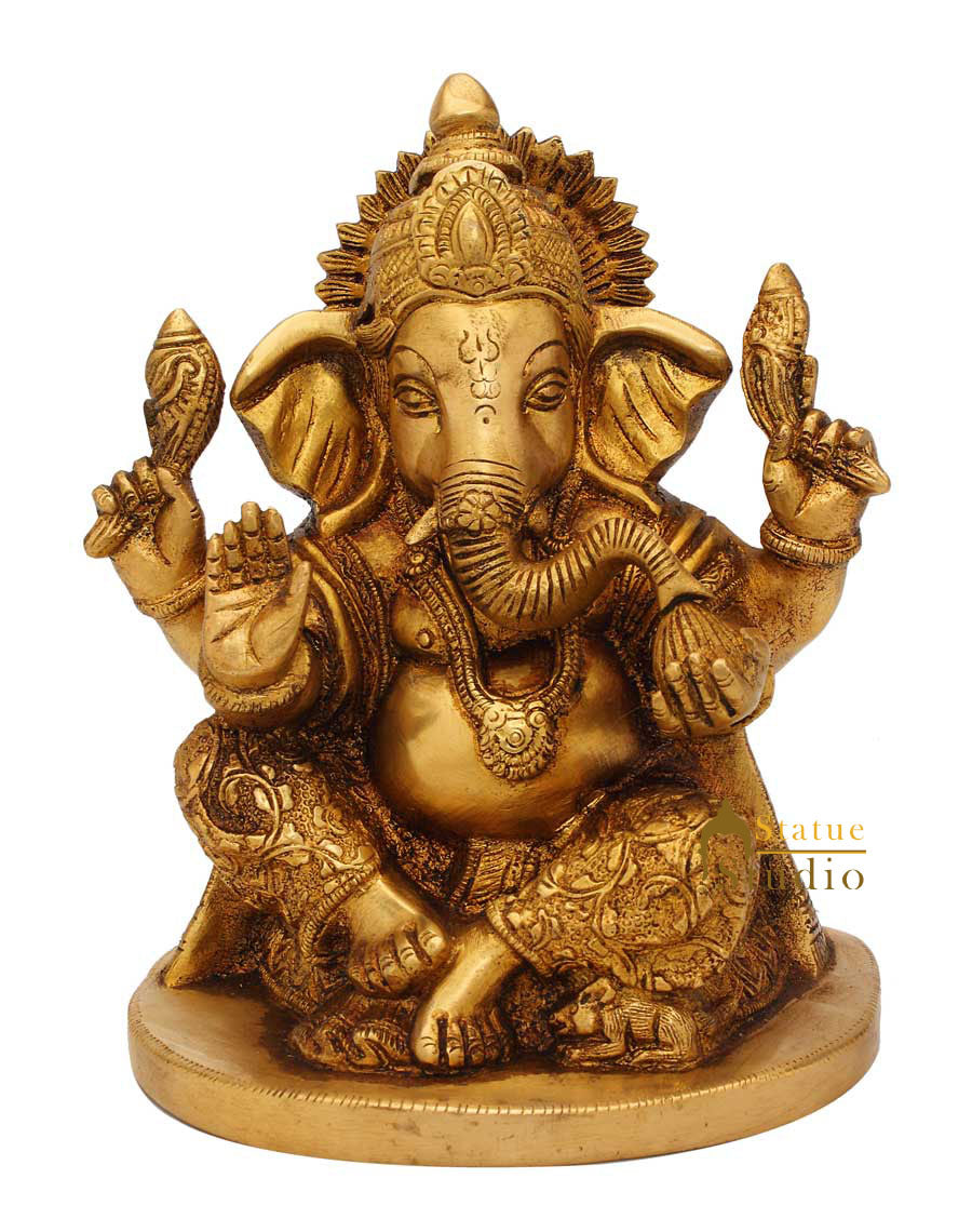 Brass hand carved ganesha statue idol figure religious hindu god décor 7" - Image 3