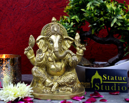 Brass hand carved ganesha statue idol figure religious hindu god décor 7" by vendor-unknown - Hindu Gods