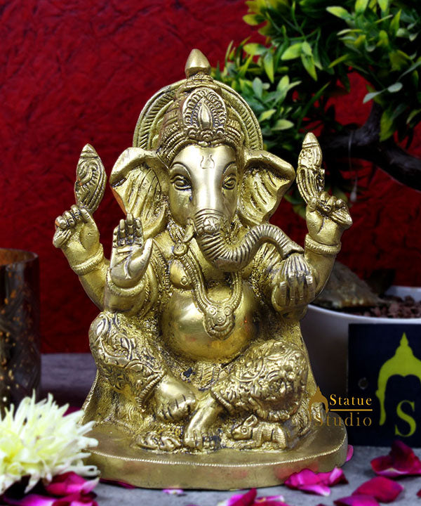 Brass hand carved ganesha statue idol figure religious hindu god décor 7"