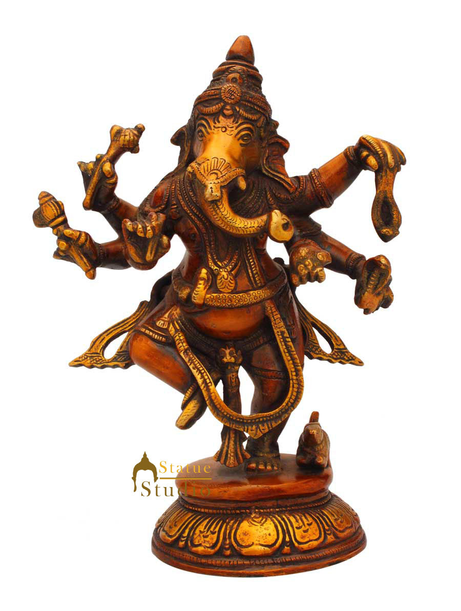 Brass Dancing Ganesha Statue sculpture Antique Finish For Home Decor 9"