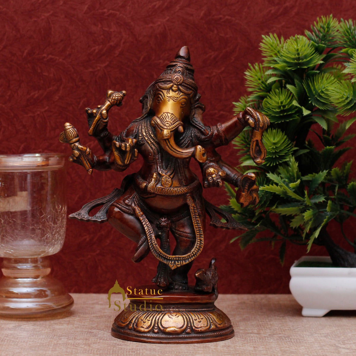 Brass Dancing Ganesha Statue sculpture Antique Finish For Home Decor 9" - Eco-friendly - Sama Homes