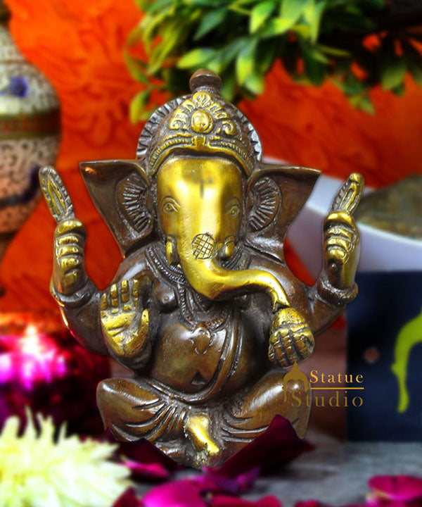 Brass miniature elephant lord hindu gods idol ganesha statue figure 4" - Eco-friendly - Sama Homes