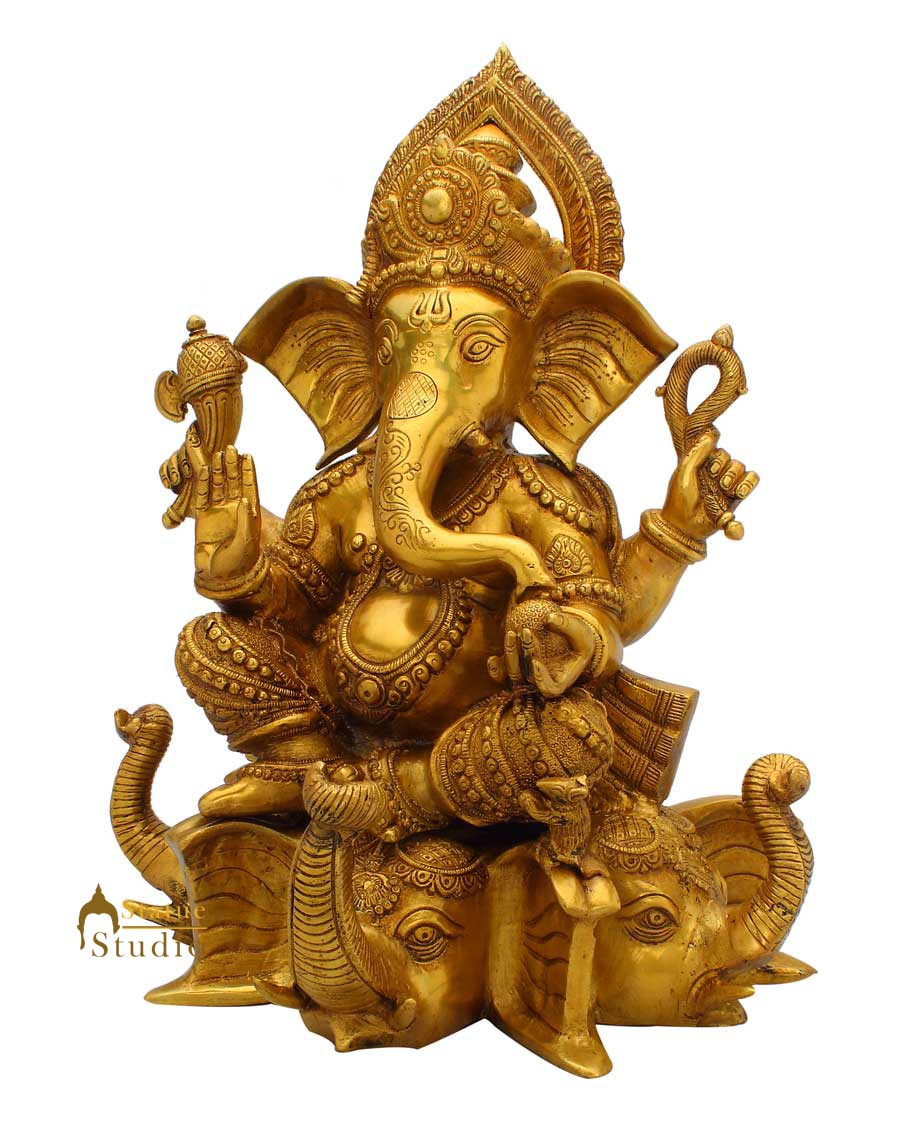 Hindu god lord ganesha sitting on elephant trunk statue religious décor 17"