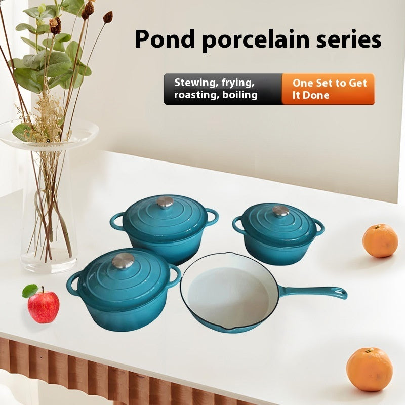 Inner White Enameled Cast-iron Cookware Household Enamel Soup Deep Stew Casserole Four-piece Set - Image 4