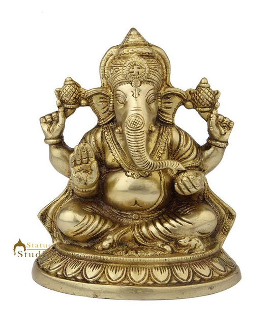 Brass sitting ganesha statue hindu gods idol figure religious décor 8"
