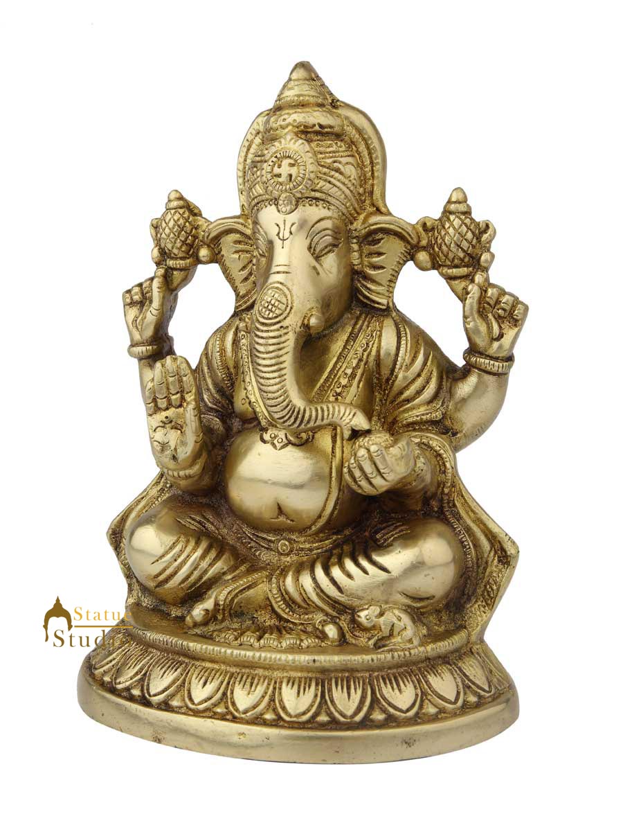 Brass sitting ganesha statue hindu gods idol figure religious décor 8"