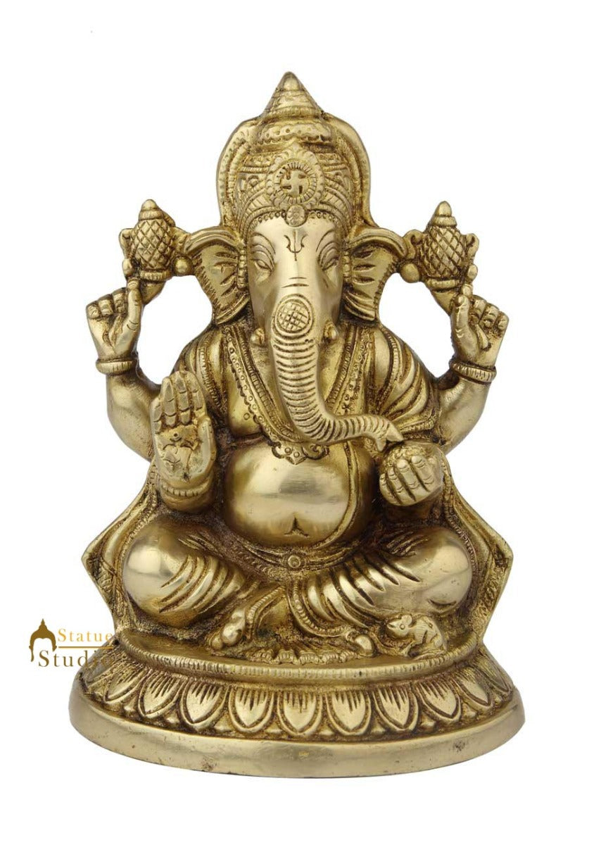 Brass sitting ganesha statue hindu gods idol figure religious décor 8"