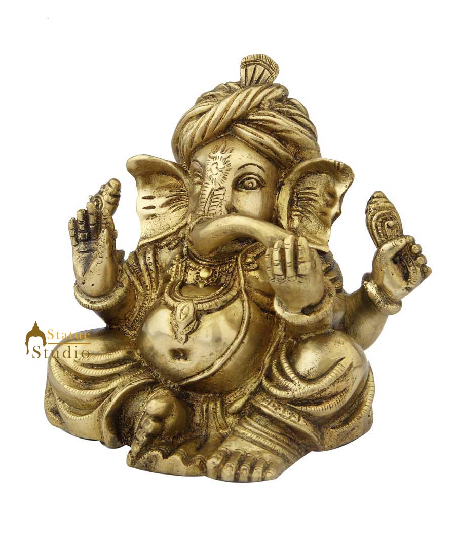 Brass india elephant lord turban ganesha statue religious room décor 7"