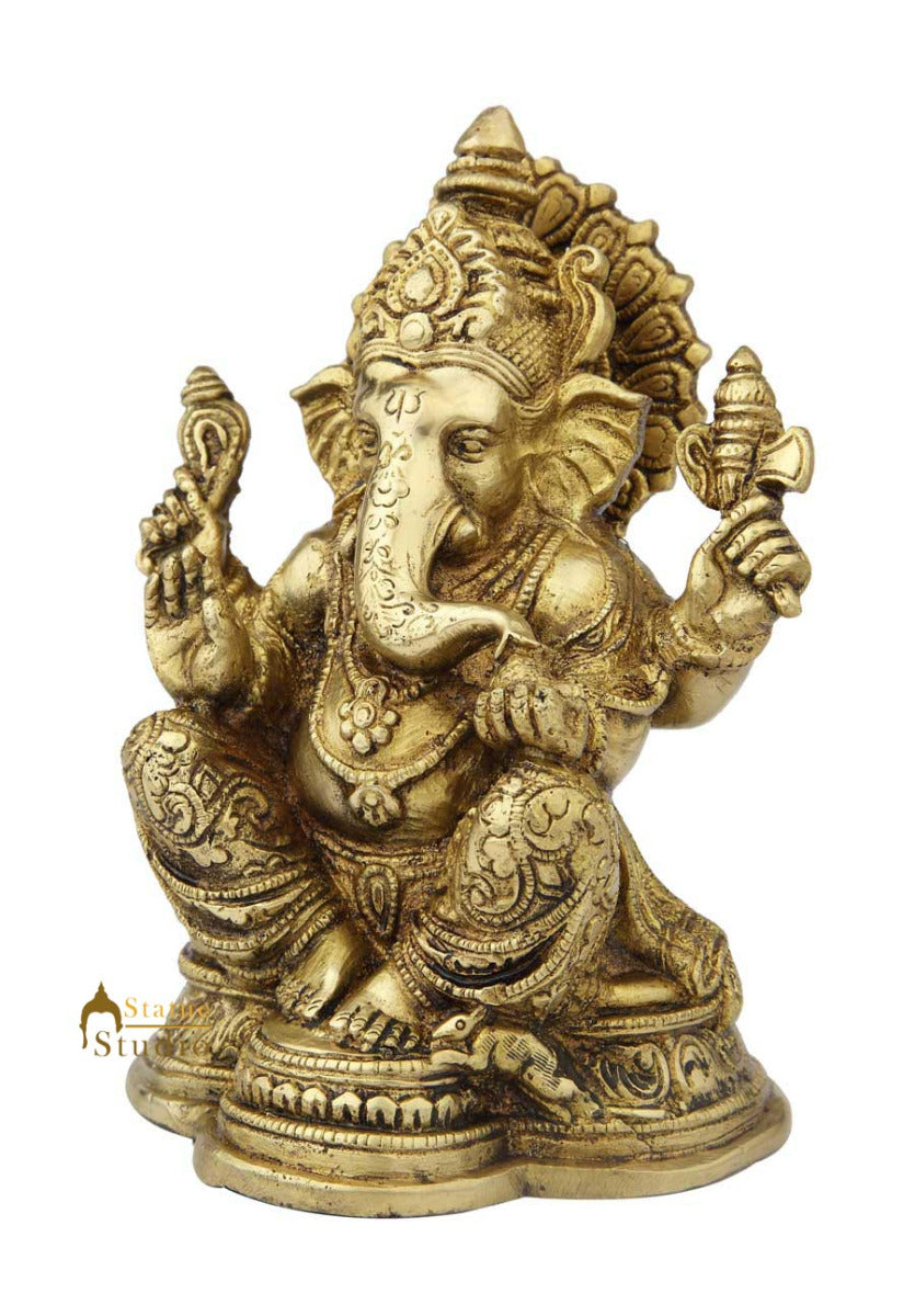 Brass ganeshji murti sitting hindu gods idol figure religious décor 8"