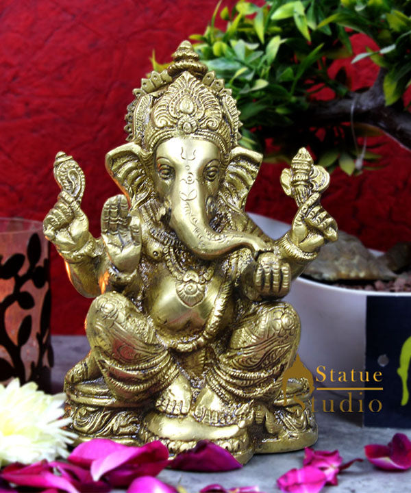 Brass ganeshji murti sitting hindu gods idol figure religious décor 8" - Image 2