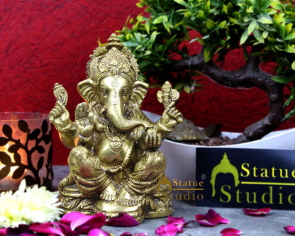 Brass ganeshji murti sitting hindu gods idol figure religious décor 8" by vendor-unknown - Hindu Gods