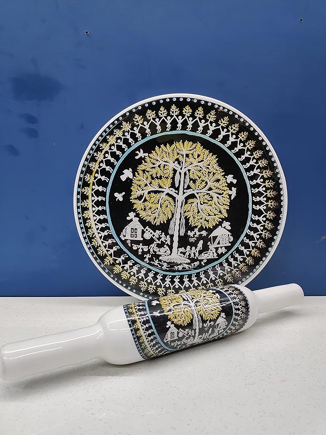 Handcrafted White Marble Roti Maker with Wooden Belan Enamel Prints | Indian Chakla Belan 10 Inch with Diameter
