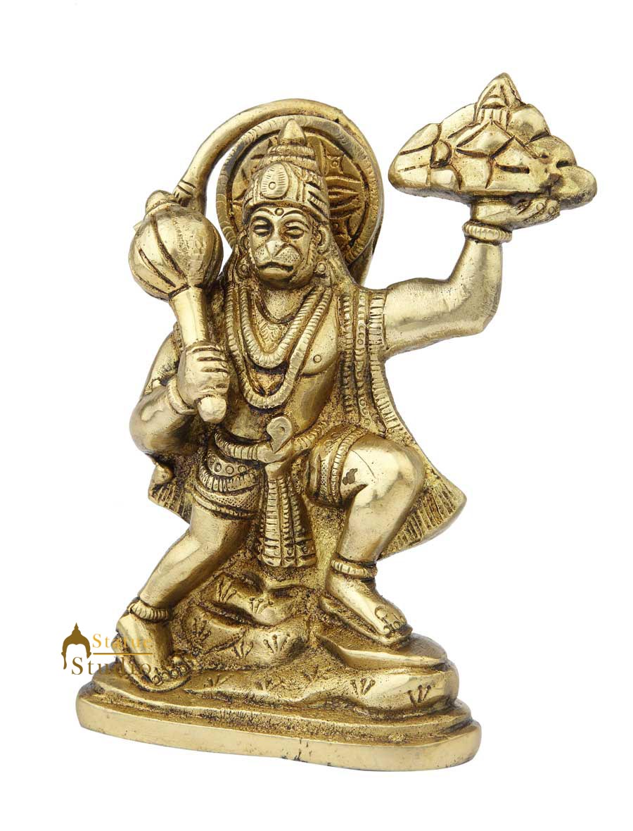 Brass Hanuman Statue Carrying Mountain For Home Decor Showpiece 7"