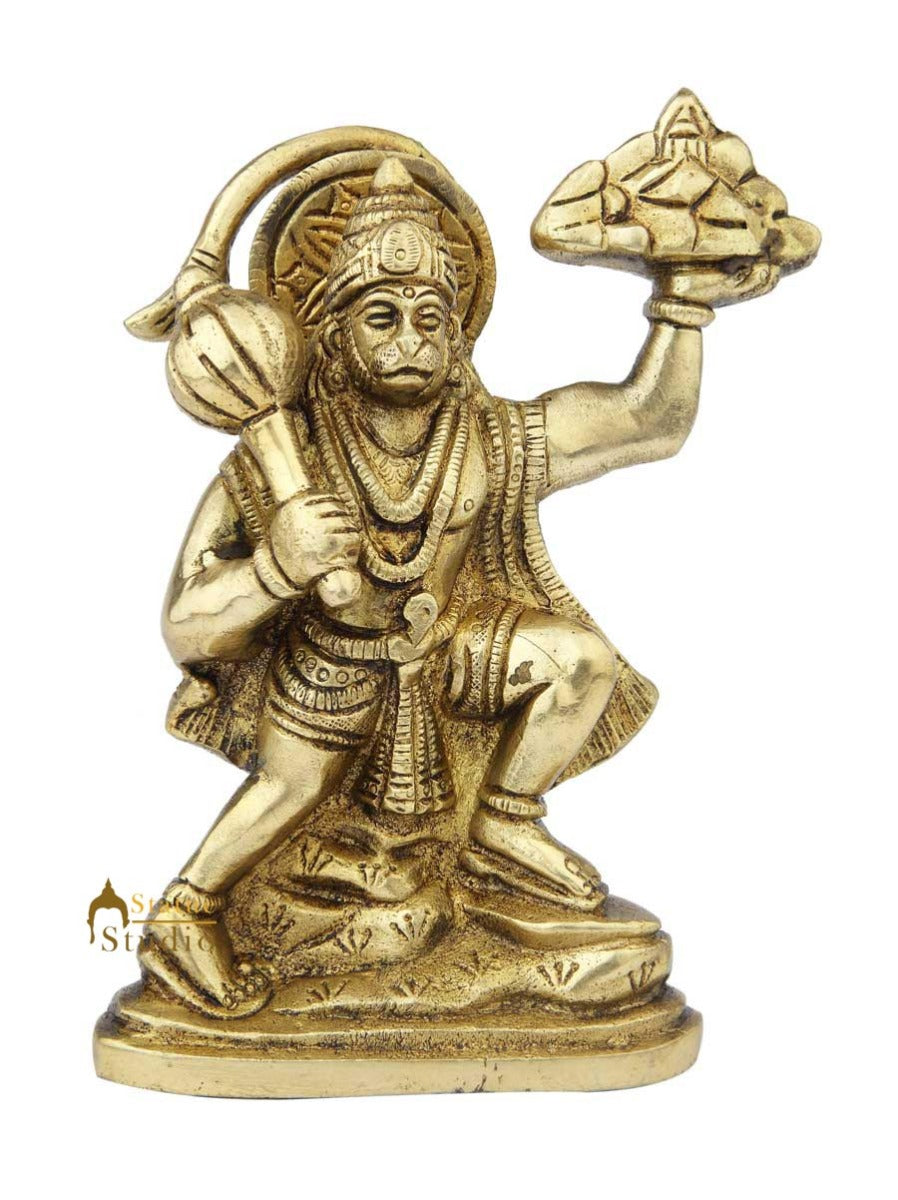 Brass Hanuman Statue Carrying Mountain For Home Decor Showpiece 7" - Image 2