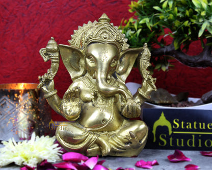 Brass ganesha statue with tilted head sculpture religious idol figure 7" by vendor-unknown - Hindu Gods