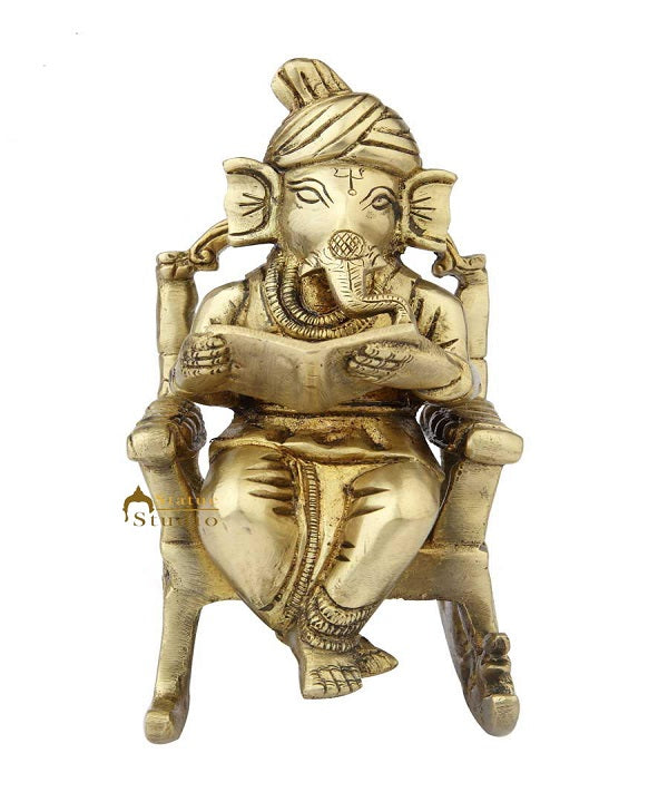Brass lord hindu god ganesha sitting on chair modern religious decort art 8" - Eco-friendly - Sama Homes