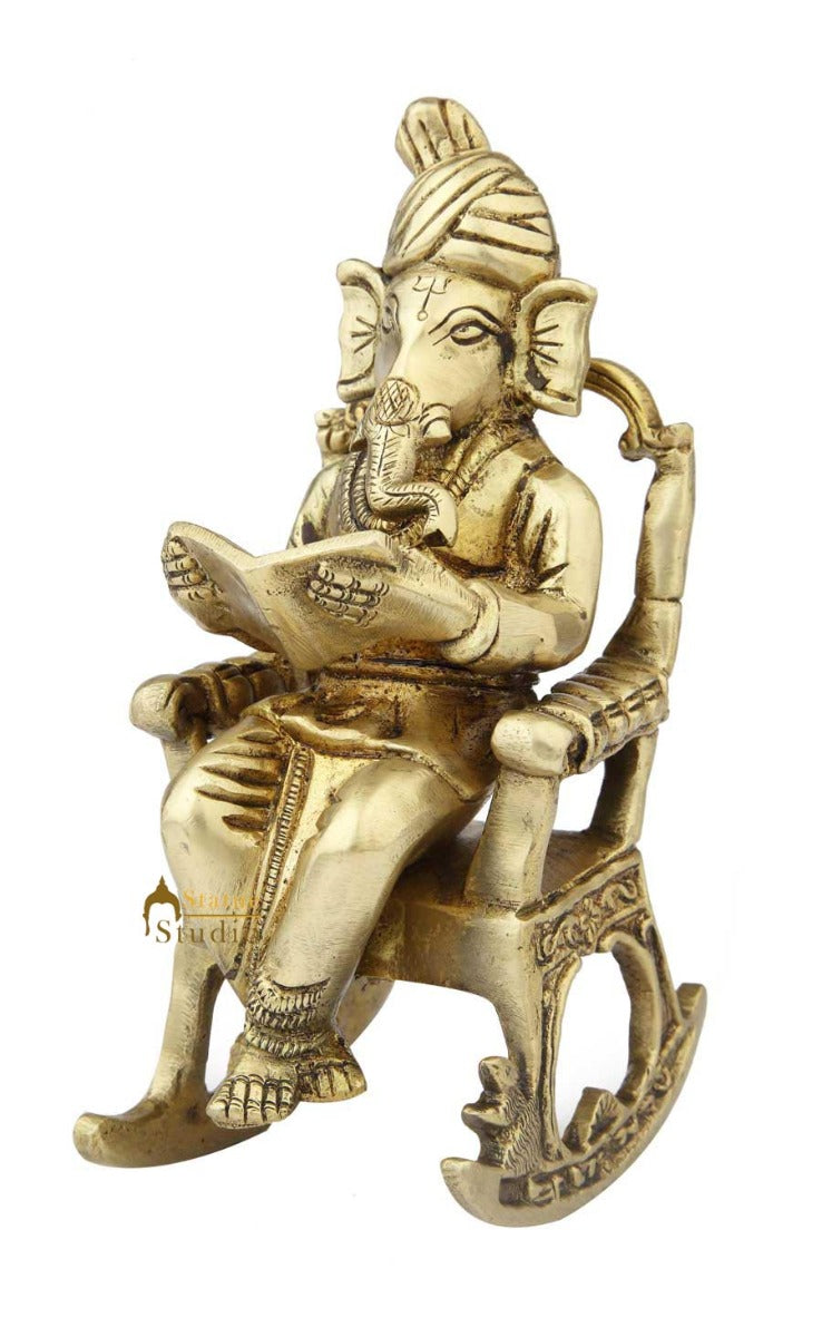 Brass lord hindu god ganesha sitting on chair modern religious decort art 8"