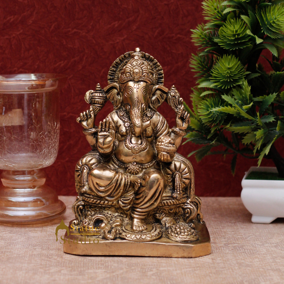 Brass elephant lord ganesha india hindu gods statue religious décor art 7" - Eco-friendly - Sama Homes