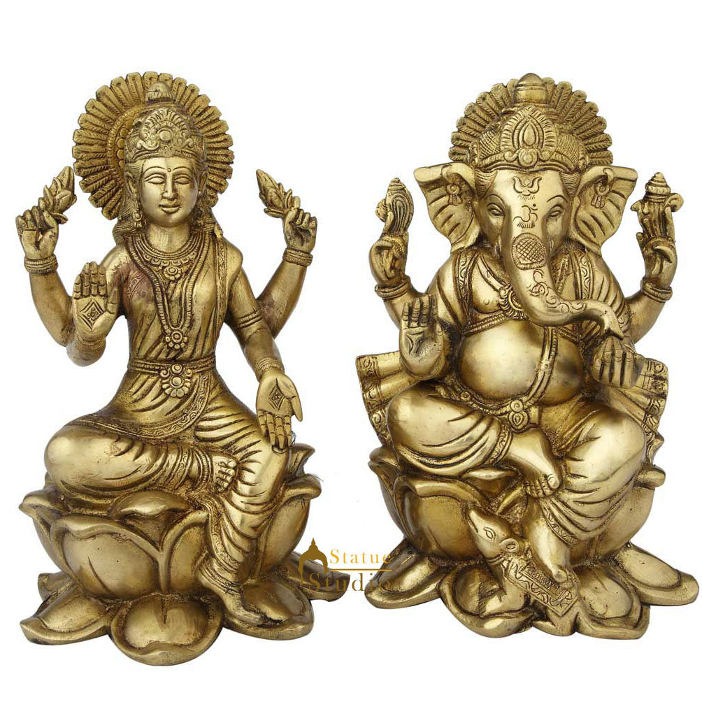 Brass hindu gods goddess ganesha lakshmi saraswati sitting on lotus base 11"