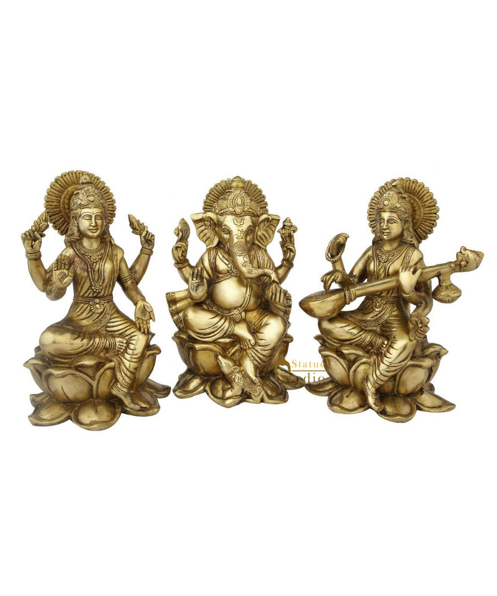 Brass hindu gods goddess ganesha lakshmi saraswati statue religious decor 11"