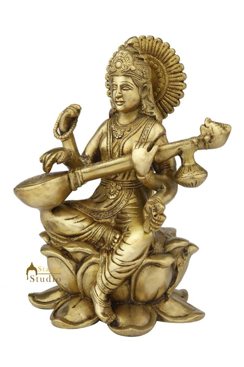 Brass india made hindu goddess of wisdom maa saraswati on lotus flower base 11" - Image 3