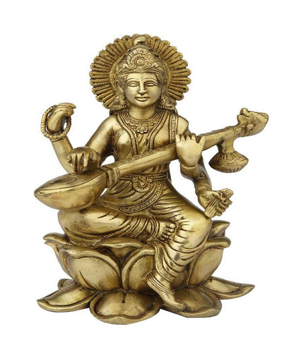 Brass india made hindu goddess of wisdom maa saraswati on lotus flower base 11" by vendor-unknown - Hindu Gods (View 2)