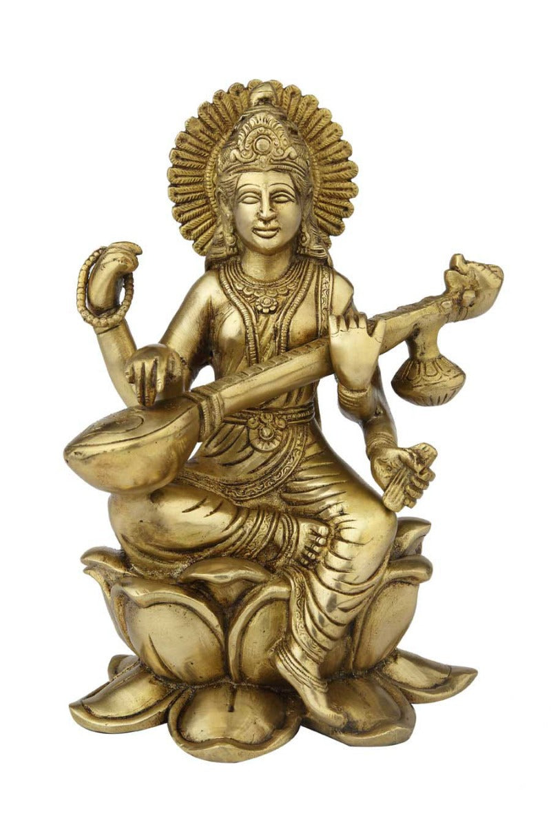 Brass india made hindu goddess of wisdom maa saraswati on lotus flower base 11" - Eco-friendly - Sama Homes