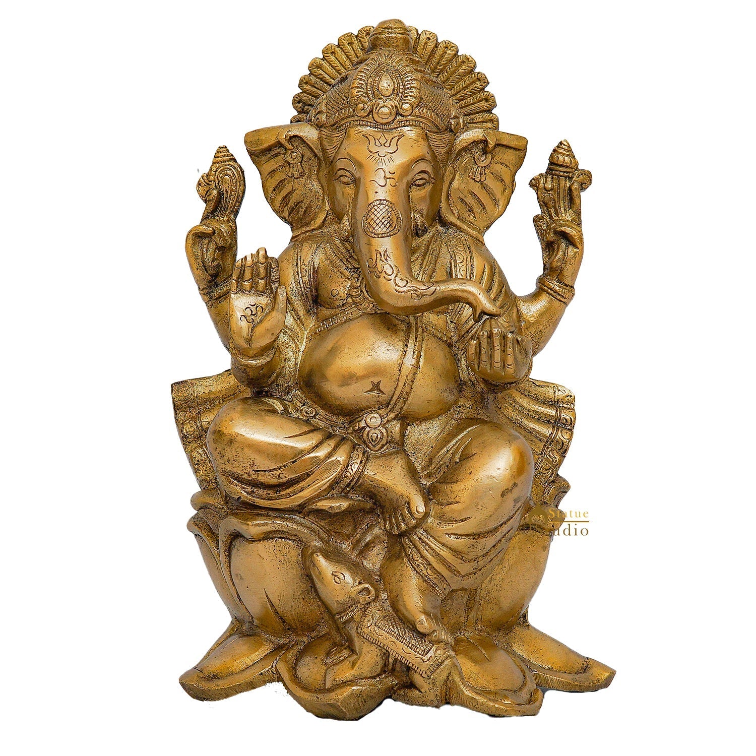 Brass Lord Ganesha Statue Sitting On Lotus Religious For Home Decor 10" - Image 2