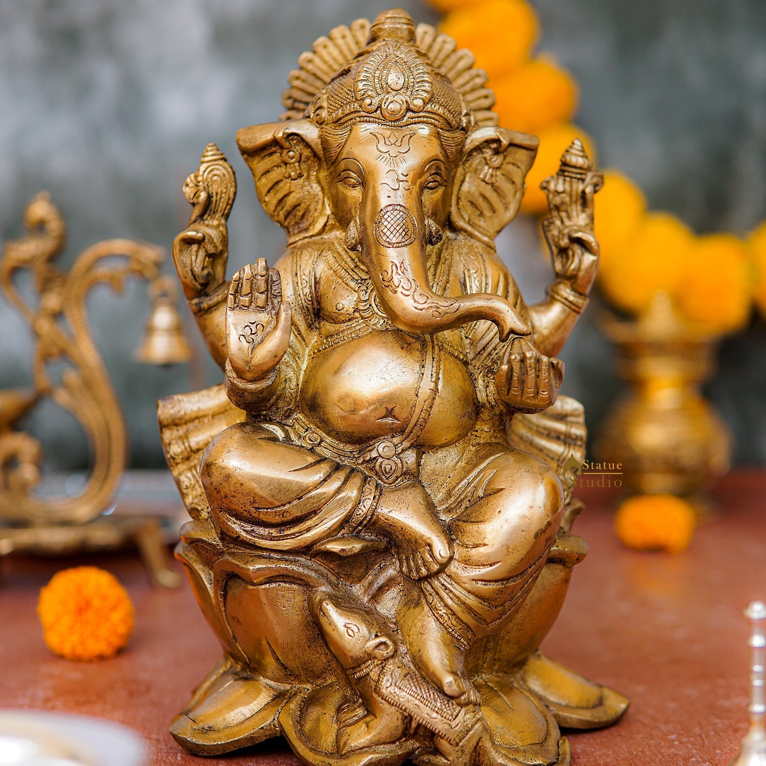 Brass Lord Ganesha Statue Sitting On Lotus Religious For Home Decor 10" - Eco-friendly - Sama Homes