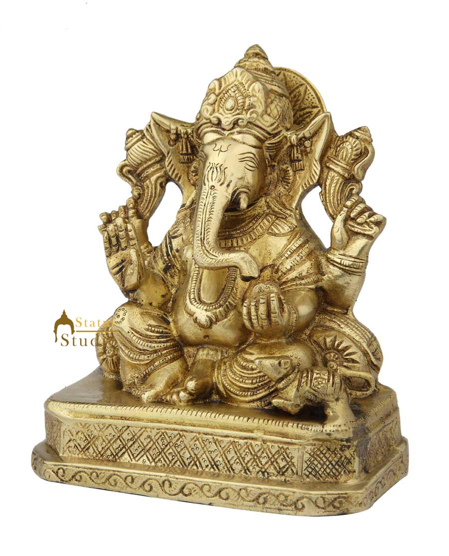 Brass ganesha sitting statue indian handicrafts religious hinduism décor 8"
