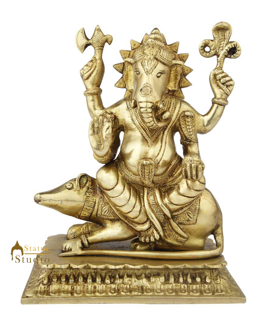 Brass ganesha murti sitting statue hindu god elephant lord idol figure 10" - Eco-friendly - Sama Homes