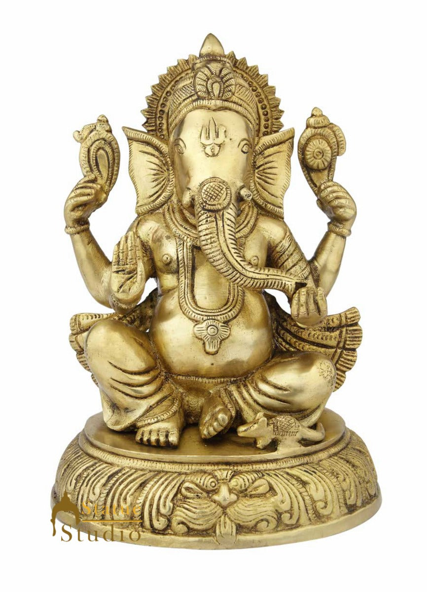 Brass ganesha murti sitting statue hindu god elephant lord idol figure 12" - Image 2