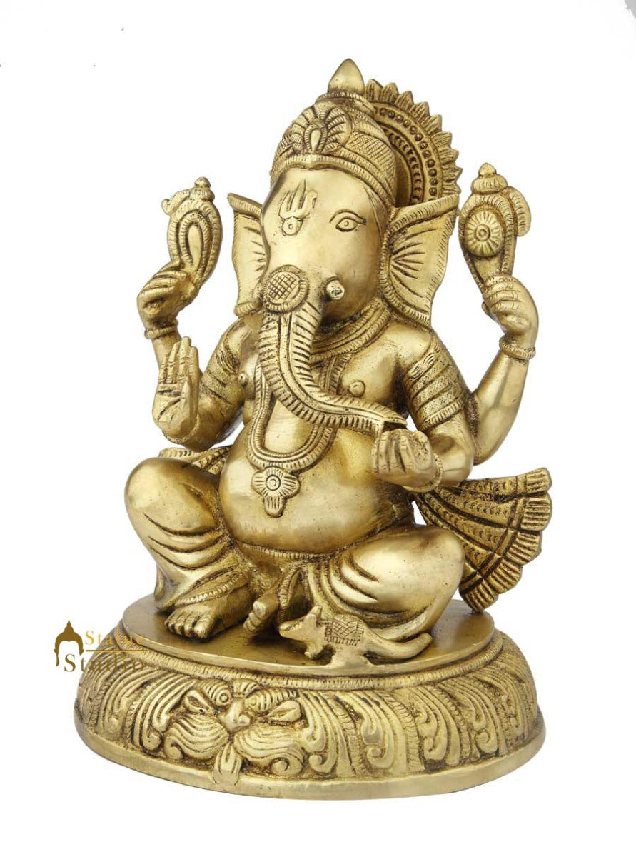Brass ganesha murti sitting statue hindu god elephant lord idol figure 12"
