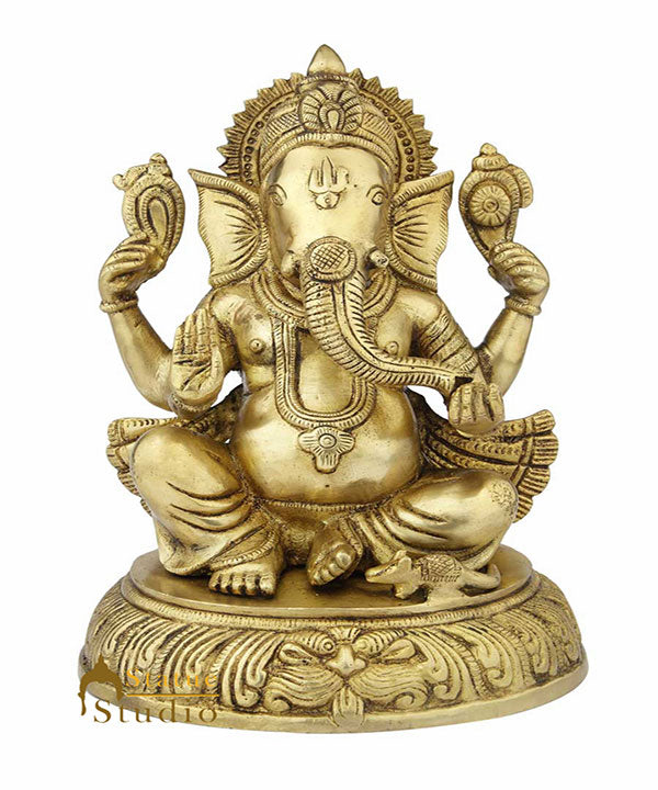 Brass ganesha murti sitting statue hindu god elephant lord idol figure 12" - Eco-friendly - Sama Homes