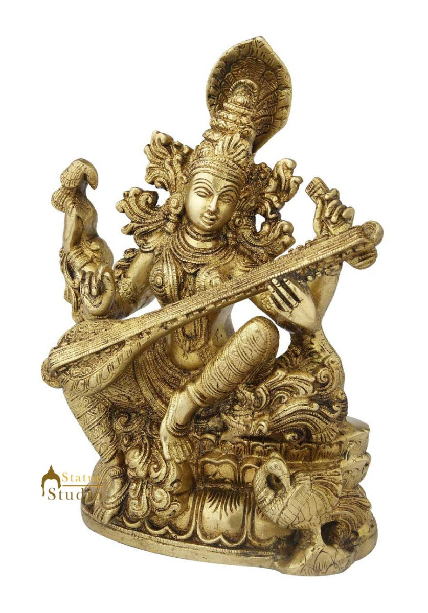 Brass india hindu goddess wisdom saraswati statue with sitar religious décor 11" - Image 3