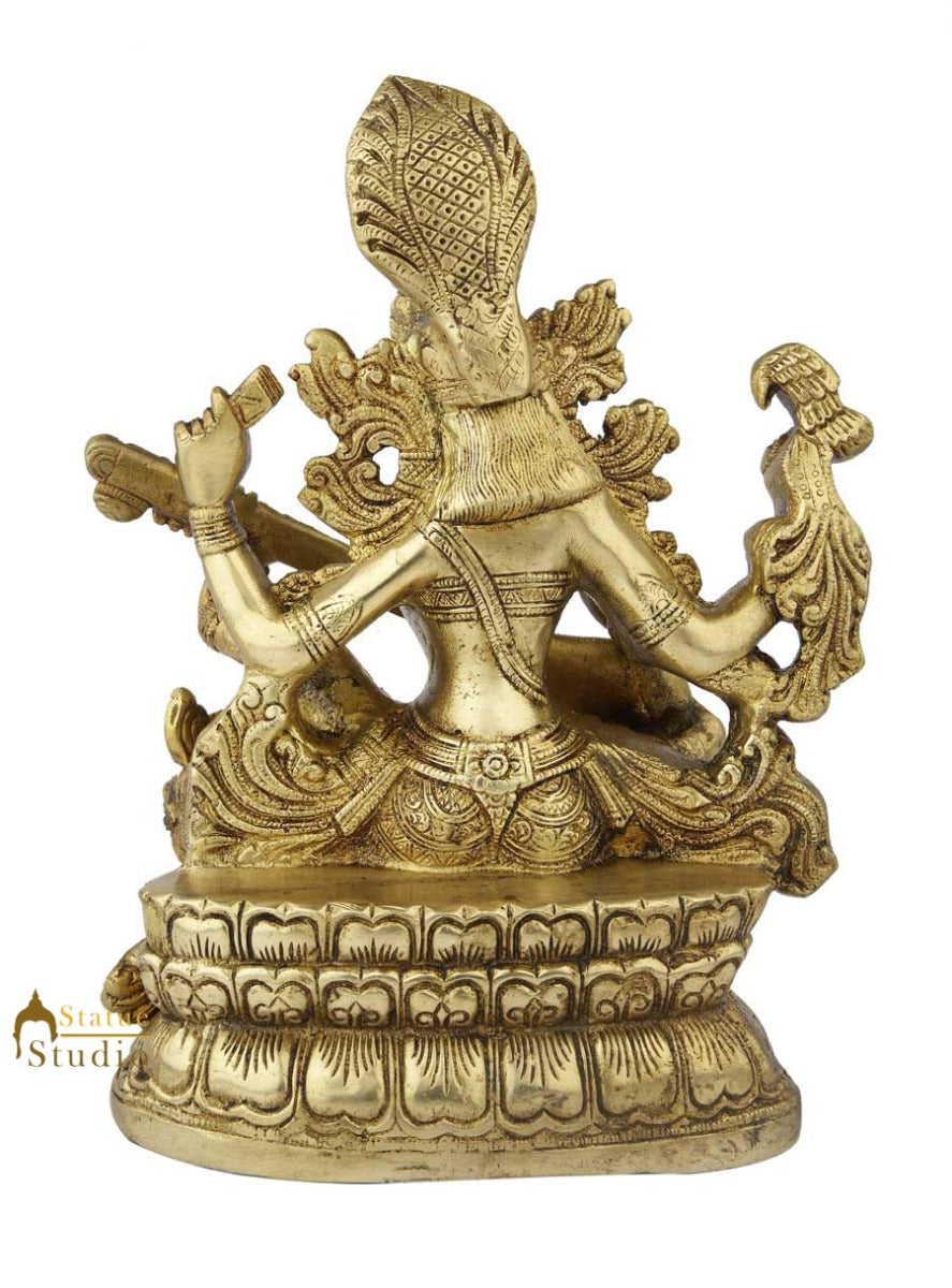 Brass india hindu goddess wisdom saraswati statue with sitar religious décor 11" - Image 4