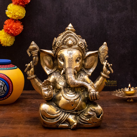 Brass Sitting Ganesha Statue Showpiece For Home Decor Gift 10"