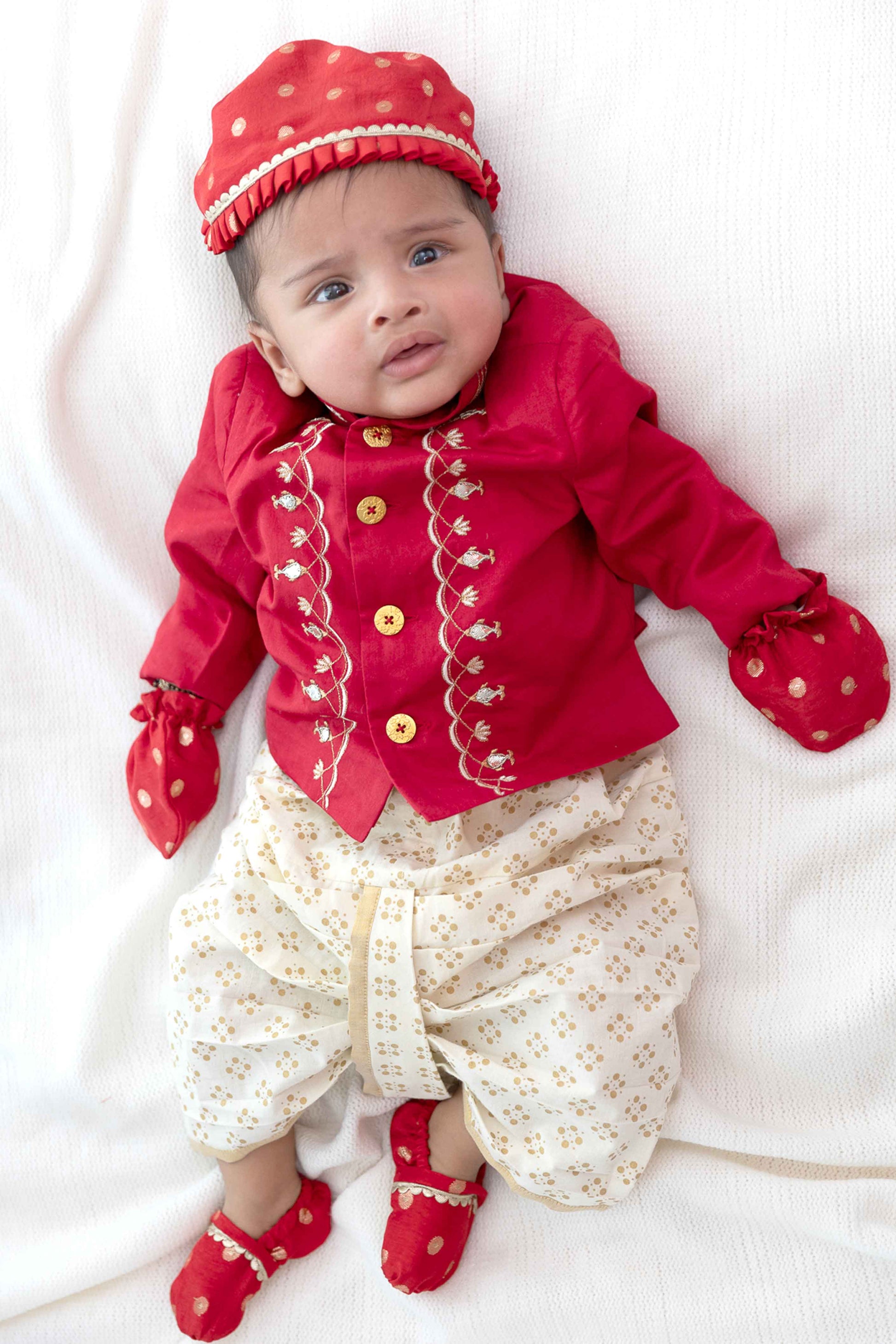 Baby Boy Fish Embroidery Jamna Set - Red - Image 2