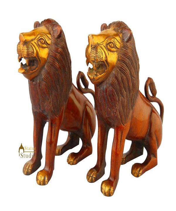 Brass lion pair statue figurine home décor hand carved animal sculpture 8" - Eco-friendly - Sama Homes