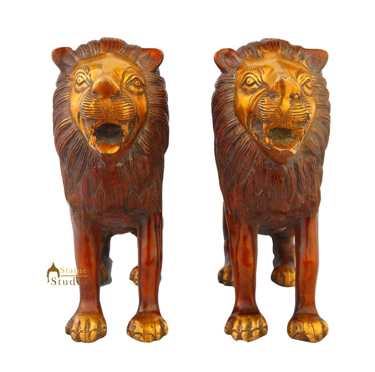 Brass lion pair statue figurine home décor hand carved animal sculpture 8"